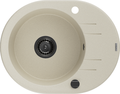 Mexen Kevin granieten gootsteen 1-baks met afdruiprek 586 x 458 mm, beige, zwarte sifon - 6517581005-69-B