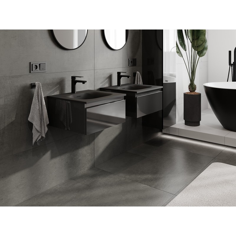 Mexen Orio Badezimmerschrank 50 cm mit Waschbecken Vela, 1 Schublade, Schwarz Glanz/Schwarz Matt - 91A10-05023-1-BF70-W23M71