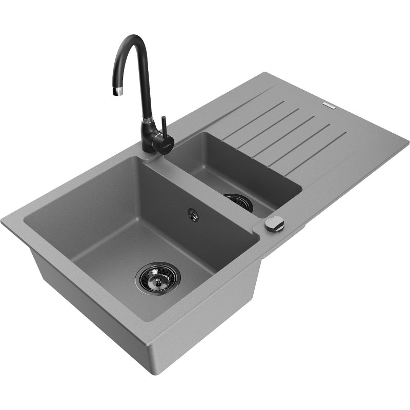 Mexen Matias fregadero de granito de 1,5 senos con escurridor y grifo de cocina Telma, gris - 6502-71-670200-70-B