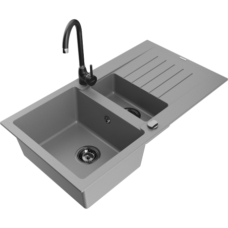 Mexen Matias granite sink 1.5-bowl with drainer and Telma kitchen tap, grey - 6502-71-670200-70-B