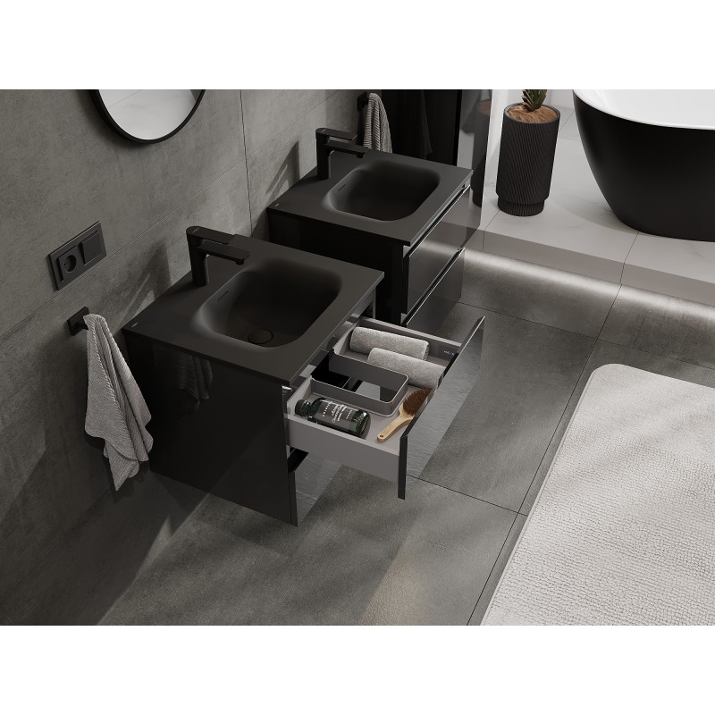 Mexen Orio armadietto da bagno 50 cm con lavabo Vela, 2 cassetti, nero lucido/nero opaco - 91A10-05047-2-BFF70-W23M71