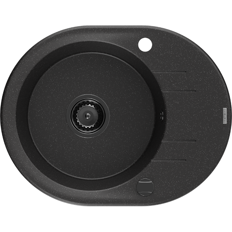 Mexen Kevin fregadero de granito de 1 cubeta con escurridor 586 x 458 mm, negro/plateado metálico, sifón negro