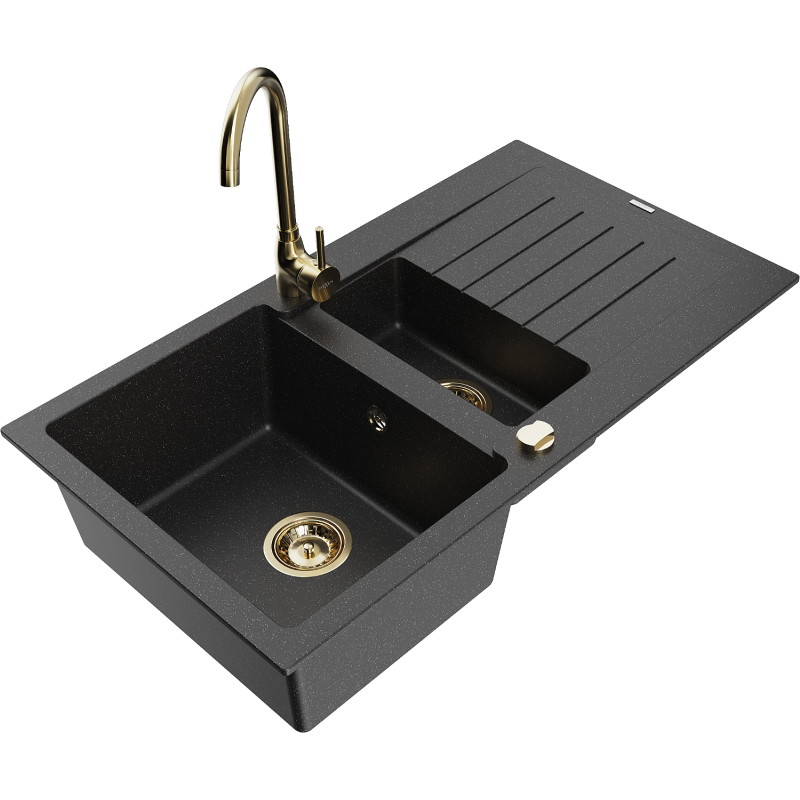 Mexen Matias fregadero de granito de 1,5 cubetas con escurridor y grifo de cocina Telma, negro/plata - 6502-73-670200-50