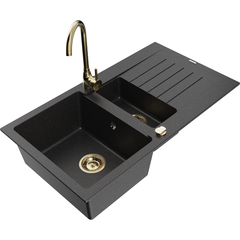Mexen Matias fregadero de granito de 1,5 senos con escurridor y grifo de cocina Telma, negro/plata - 6502-73-670200-50