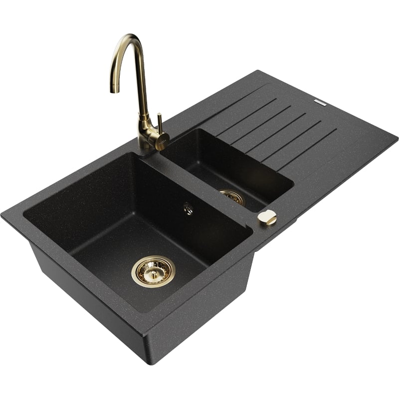 Mexen Matias granite sink 1.5-bowl with drainer and kitchen faucet Telma, black/silver - 6502-73-670200-50