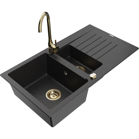 Mexen Matias fregadero de granito de 1,5 senos con escurridor y grifo de cocina Telma, negro/plata - 6502-73-670200-50