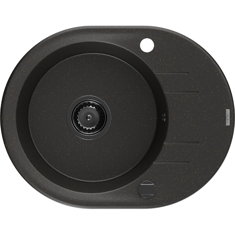Mexen Kevin Granitspüle 1-beckig mit Abtropffläche 586 x 458 mm, schwarz/gold metallic, schwarzer Siphon - 6517581005-75-B