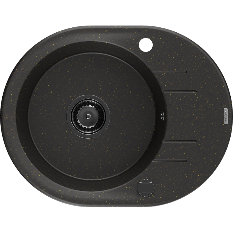 Mexen Kevin lava-louça de granito de 1 cuba com escorredor 586 x 458 mm, preto/dourado metálico, sifão preto