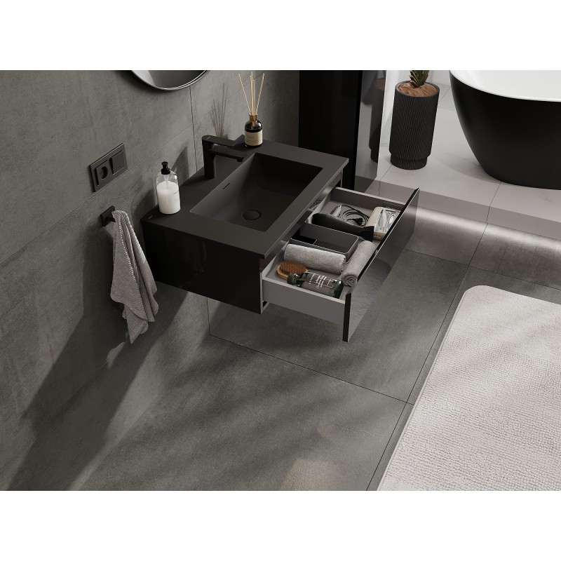 Mexen Orio badmeubel 70 cm met wastafel Otis, 1 lade, zwart glans/zwart mat - 91A10-07023-1-BF70-W18M71