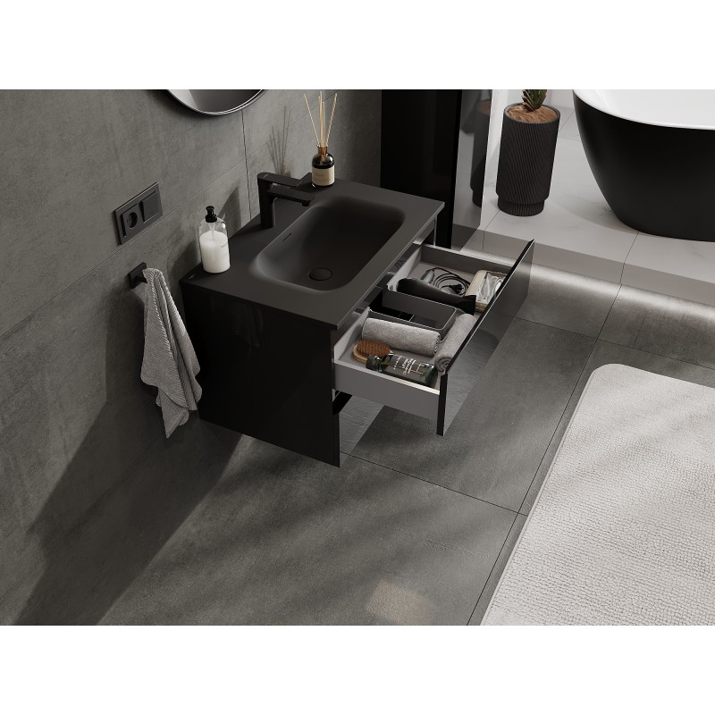 Mexen Orio meuble de salle de bain 70 cm avec lavabo Vela, 2 tiroirs, noir brillant/noir mat - 91A10-07047-2-BFF70-W23M71