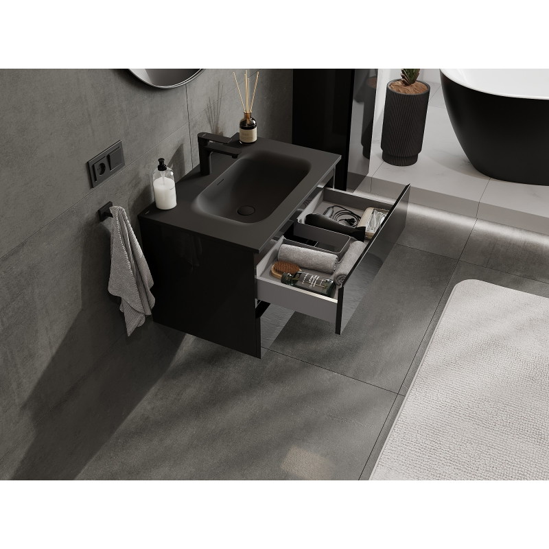 Mexen Orio mobile bagno 70 cm con lavabo Vela, 2 cassetti, nero lucido/nero opaco - 91A10-07047-2-BFF70-W23M71