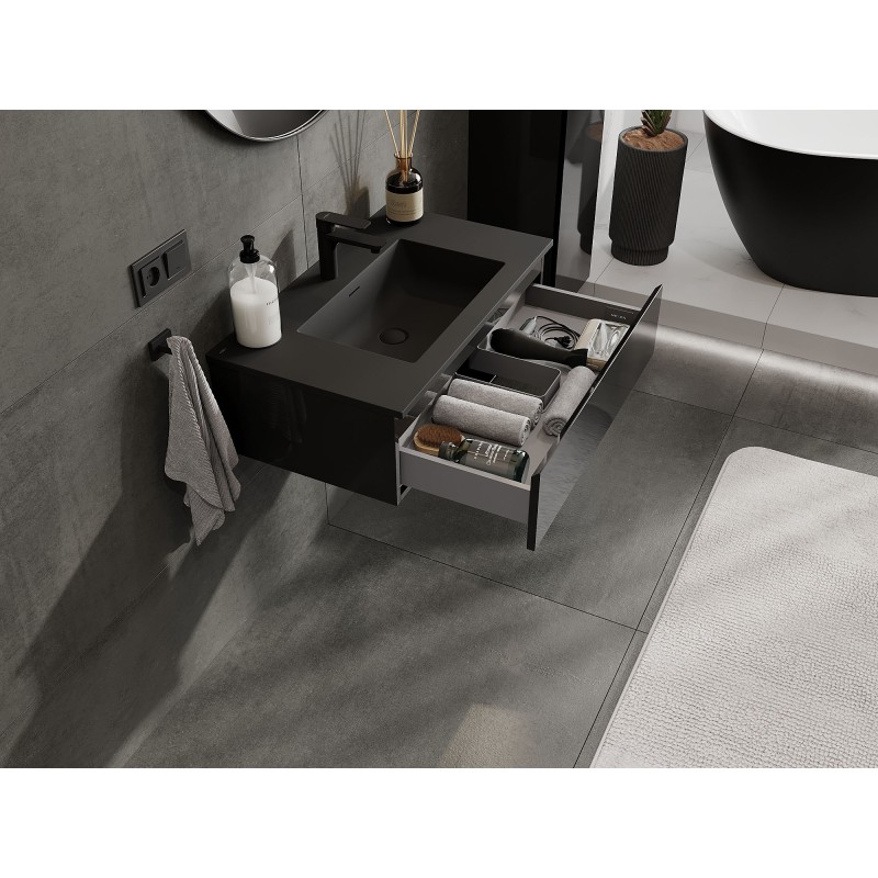 Mexen Orio meuble de salle de bains 80 cm avec lavabo Otis, 1 tiroir, noir brillant/noir mat - 91A10-08023-1-BF70-W18M71