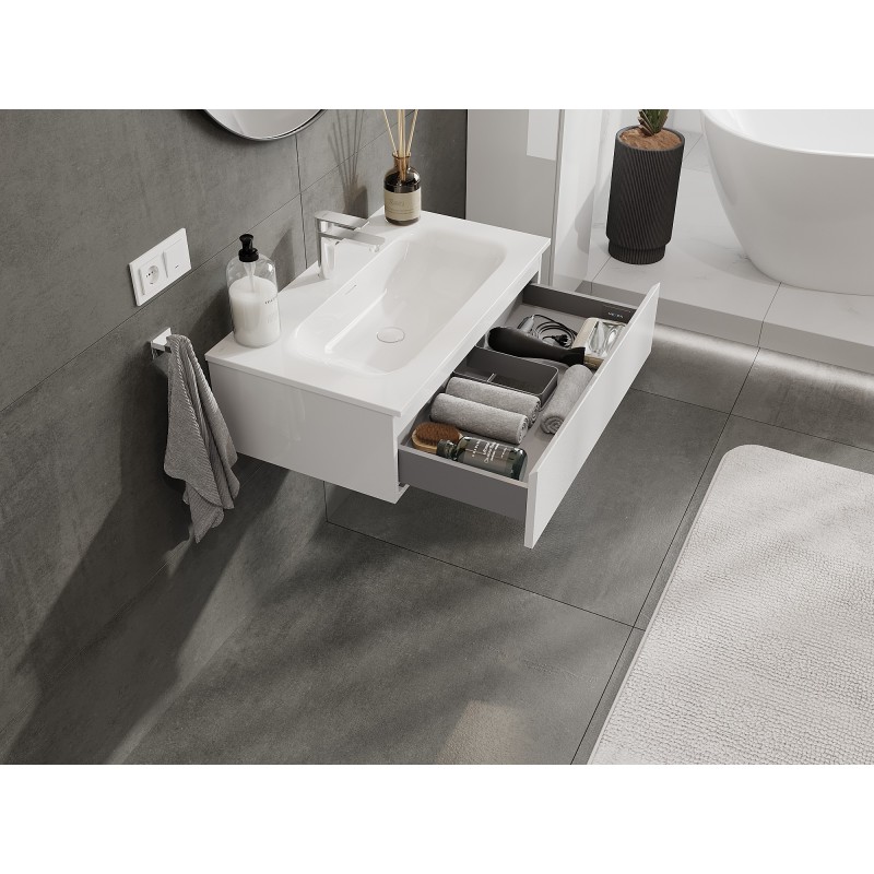 Mexen Orio Badezimmerschrank 80 cm mit Waschbecken Vela, 1 Schublade, weiß glänzend - 91A10-08023-1-BF00-W23M00
