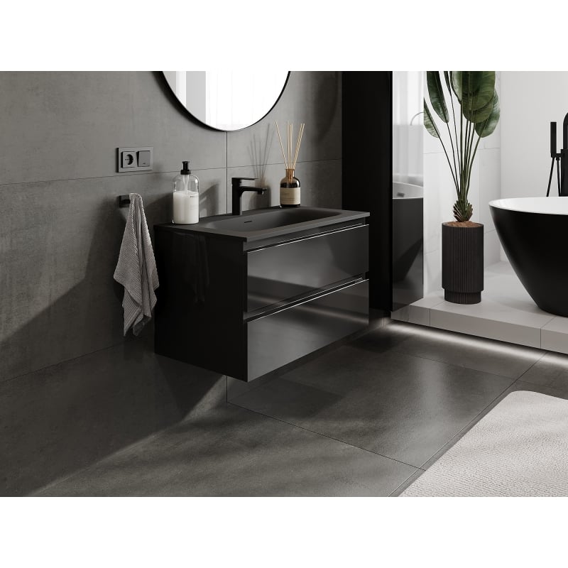 Mexen Orio Badezimmerschrank 80 cm mit Waschbecken Vela, 2 Schubladen, schwarz glänzend/schwarz matt