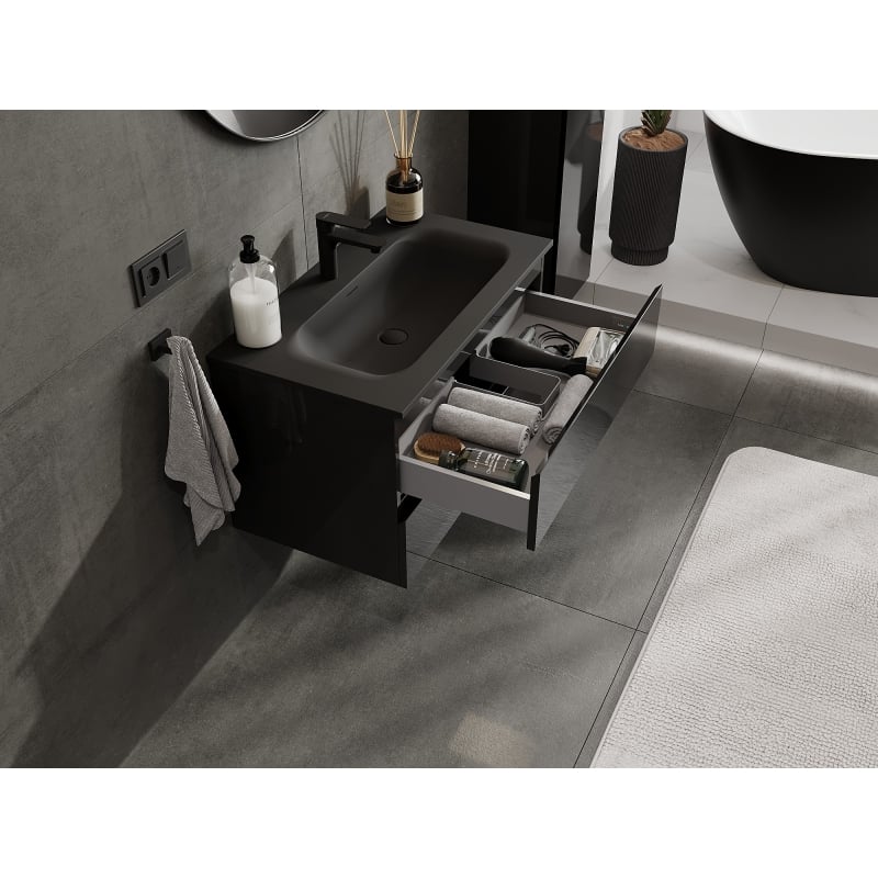Mexen Orio Badezimmerschrank 80 cm mit Waschbecken Vela, 2 Schubladen, schwarz glänzend/schwarz matt