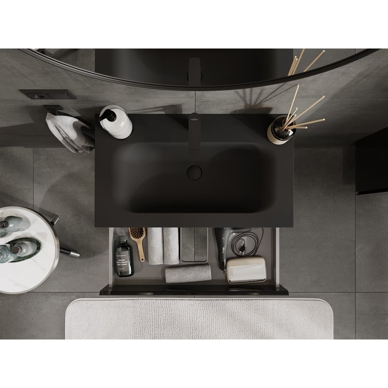 Mexen Orio Badezimmerschrank 80 cm mit Waschbecken Vela, 2 Schubladen, schwarz glänzend/schwarz matt