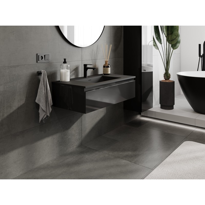 Mexen Orio Badezimmerschrank 90 cm mit Waschbecken Otis, 1 Schublade, schwarz glänzend/schwarz matt - 91A10-09023-1-BF70-W18M71