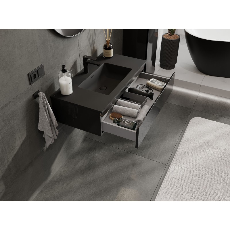 Mexen Orio Badezimmerschrank 90 cm mit Waschbecken Otis, 1 Schublade, schwarz glänzend/schwarz matt - 91A10-09023-1-BF70-W18M71