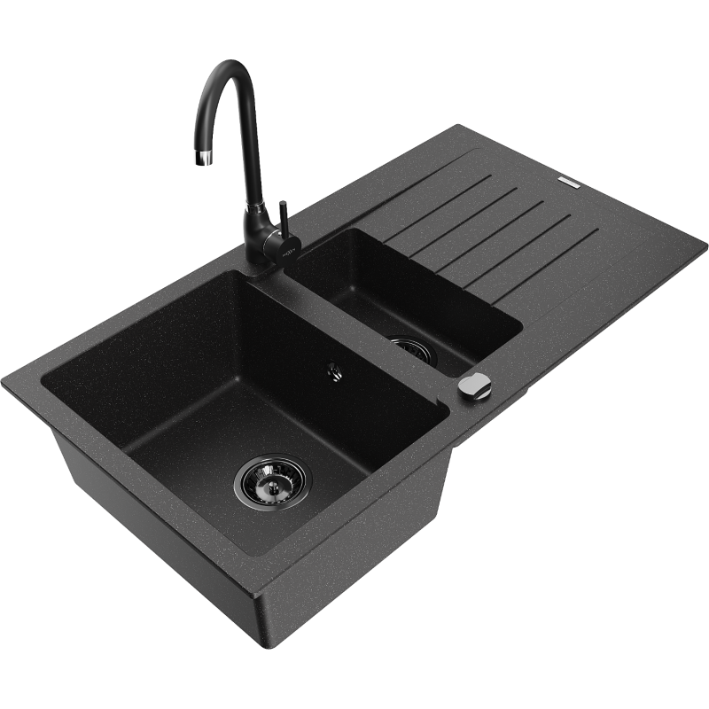 Mexen Matias évier en granit 1,5 bac avec égouttoir et mitigeur de cuisine Telma, noir/argenté - 6502-73-670200-70-B