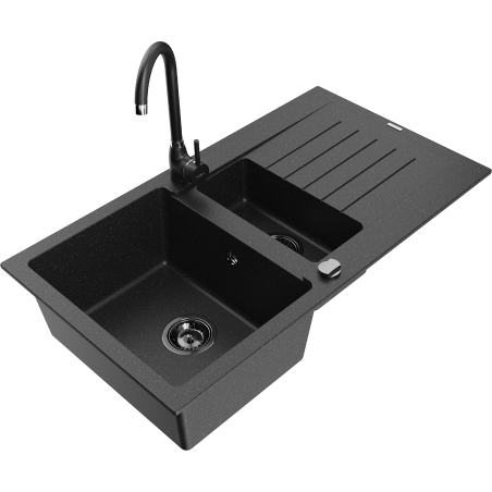 Mexen Matias zlewozmywak granitowy 1,5-komorowy z ociekaczem i baterią kuchenną Telma, czarny/srebrny - 6502-73-670200-70-B