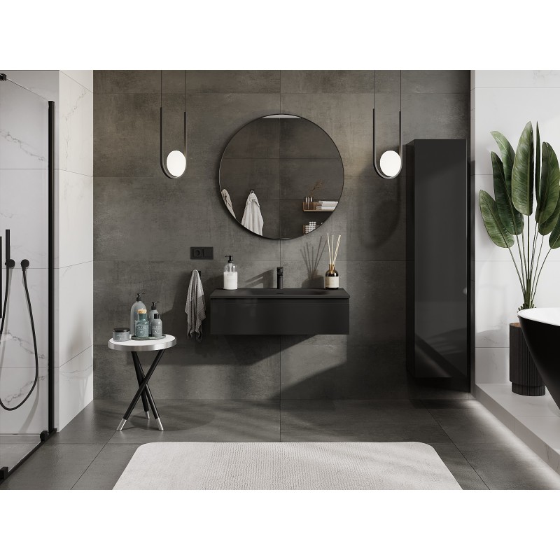 Mexen Orio armario de baño 90 cm con lavabo Vela, 1 cajón, negro brillo/negro mate - 91A10-09023-1-BF70-W23M71