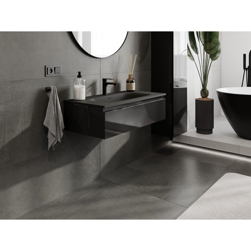 Mexen Orio badrumsskåp 90 cm med handfat Vela, 1 låda, svart glans/svart matt - 91A10-09023-1-BF70-W23M71