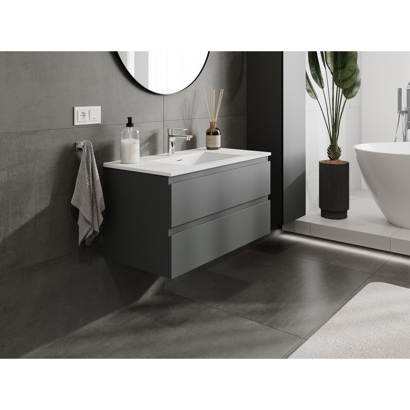 Mexen Orio Badezimmerschrank 90 cm mit Waschbecken Otis, 2 Schubladen, Graphit matt/Weiß matt - 91A10-09047-2-BFF66-W18M01