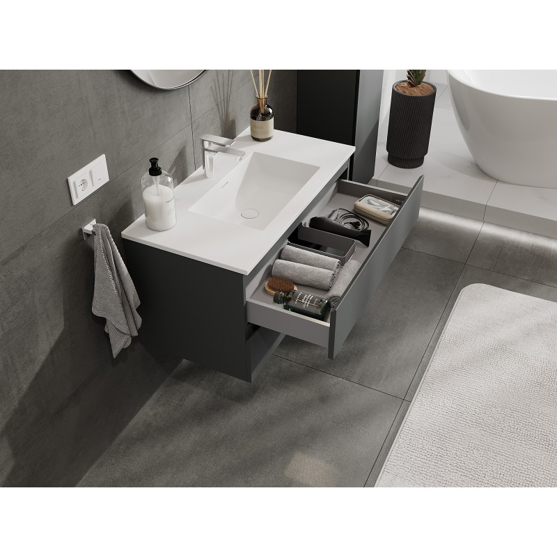 Mexen Orio Badezimmerschrank 90 cm mit Waschbecken Otis, 2 Schubladen, Graphit matt/Weiß matt - 91A10-09047-2-BFF66-W18M01