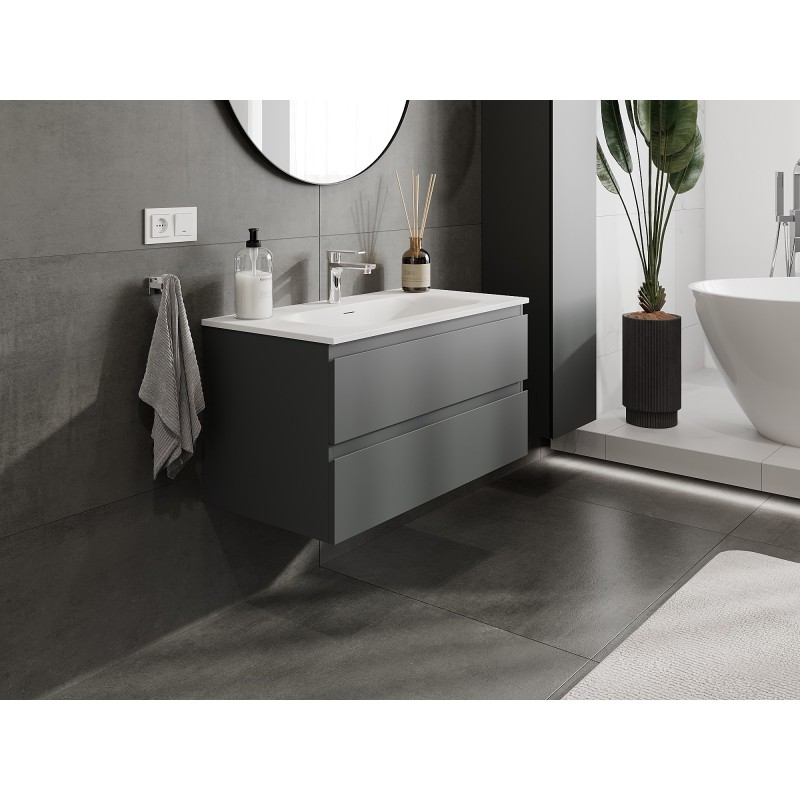 Mexen Orio armoire de salle de bains 90 cm avec lavabo Vela, 2 tiroirs, graphite mat/blanc mat - 91A10-09047-2-BFF66-W23M01