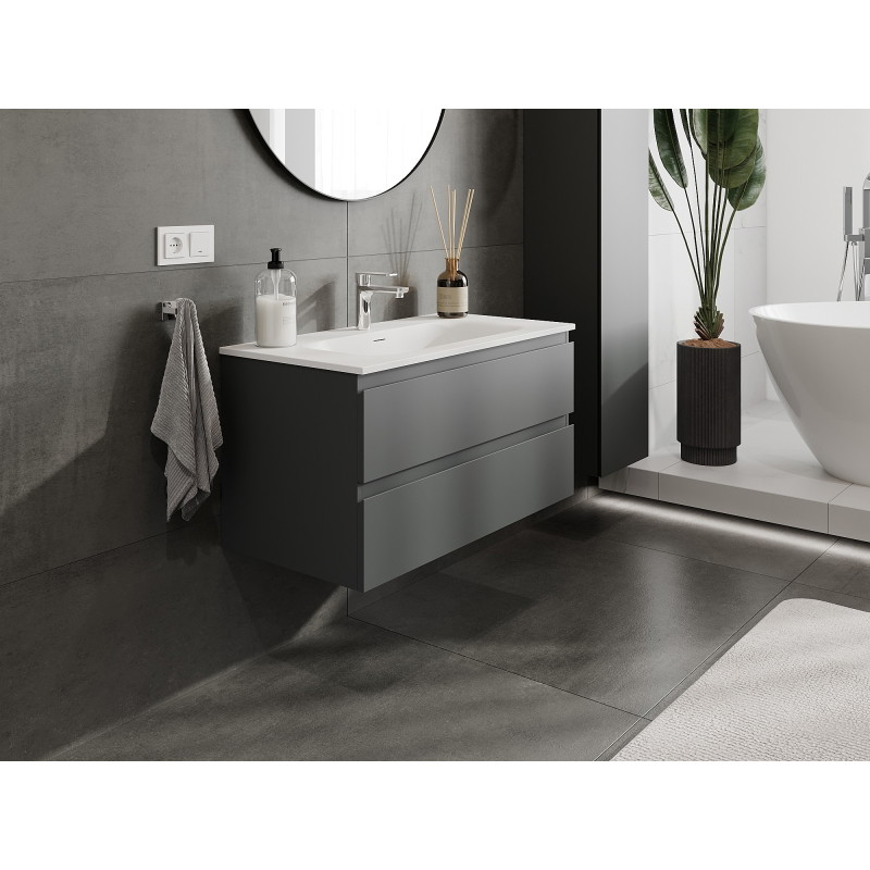 Mexen Orio szafka łazienkowa 90 cm z umywalką Vela, 2 szuflady, grafit mat/biała mat - 91A10-09047-2-BFF66-W23M01