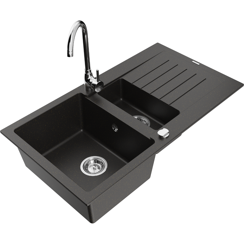 Mexen Matias graniittinen 1,5-allas tiskiallas kuivausalueella ja Telma-keittiöhanalla, musta/kultainen - 6502-75-670200-00