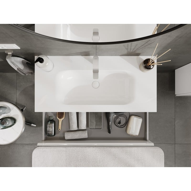 Mexen Orio Badezimmerschrank 100 cm mit Waschbecken Vela, 2 Schubladen, weiß glänzend - 91A10-10047-2-BFF00-W23M00