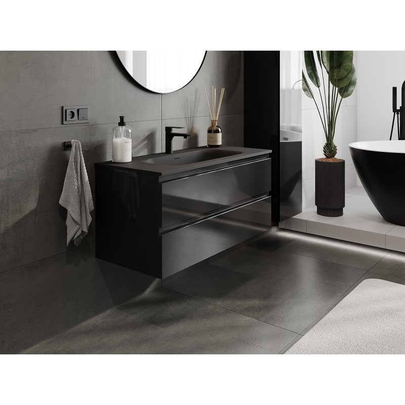 Mexen Orio meuble de salle de bain 100 cm avec lavabo Vela, 2 tiroirs, noir brillant/noir mat - 91A10-10047-2-BFF70-W23M71