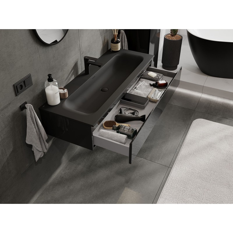 Mexen Orio Badezimmerschrank 120 cm mit Waschbecken Vela, 1 Schublade, schwarz glänzend/schwarz matt