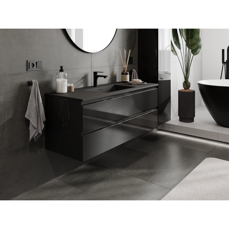 Mexen Orio 120 cm bathroom cabinet with Otis washbasin, 2 drawers, black gloss/black matte - 91A10-12047-2-BFF70-W18M71