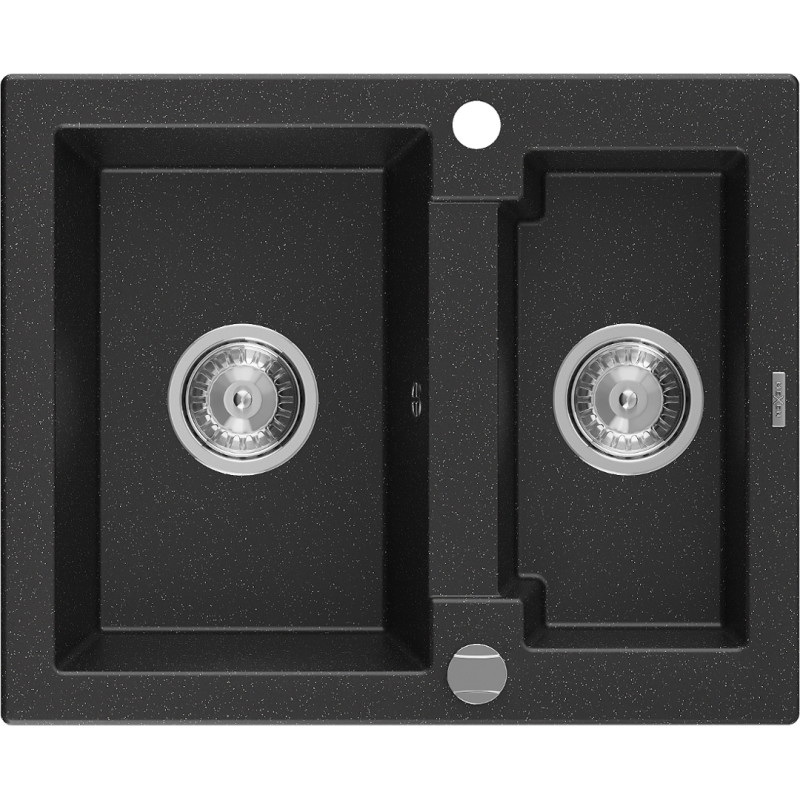 Mexen Carlos fregadero de granito 1,5 pozos 582 x 475 mm, negro/plateado metálico, sifón cromado - 6518581500-73