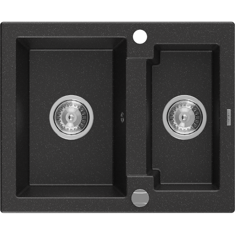 Mexen Carlos Granitspüle 1,5 Becken 582 x 475 mm, schwarz/silber metallic, Chrom-Siphon - 6518581500-73