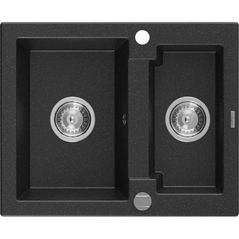 Mexen Carlos granitstenen spoelbak 1,5-komorige 582 x 475 mm, zwart/zilver metallic, chroom sifon - 6518581500-73
