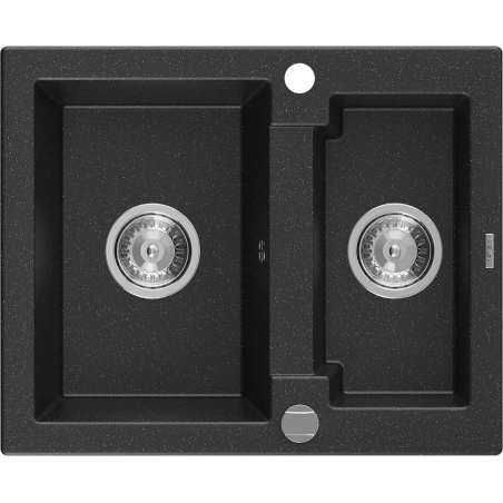Mexen Carlos fregadero de granito 1,5 senos 582 x 475 mm, negro/plateado metálico, sifón cromado - 6518581500-73