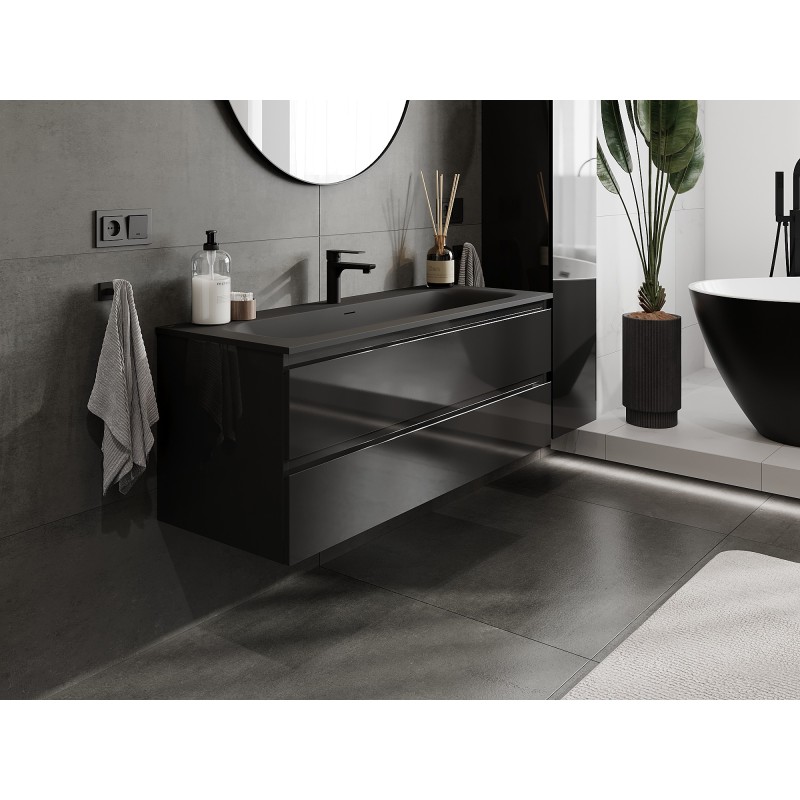 Mexen Orio mueble de baño 120 cm con lavabo Vela, 2 cajones, negro brillo/negro mate - 91A10-12047-2-BFF70-W23M71