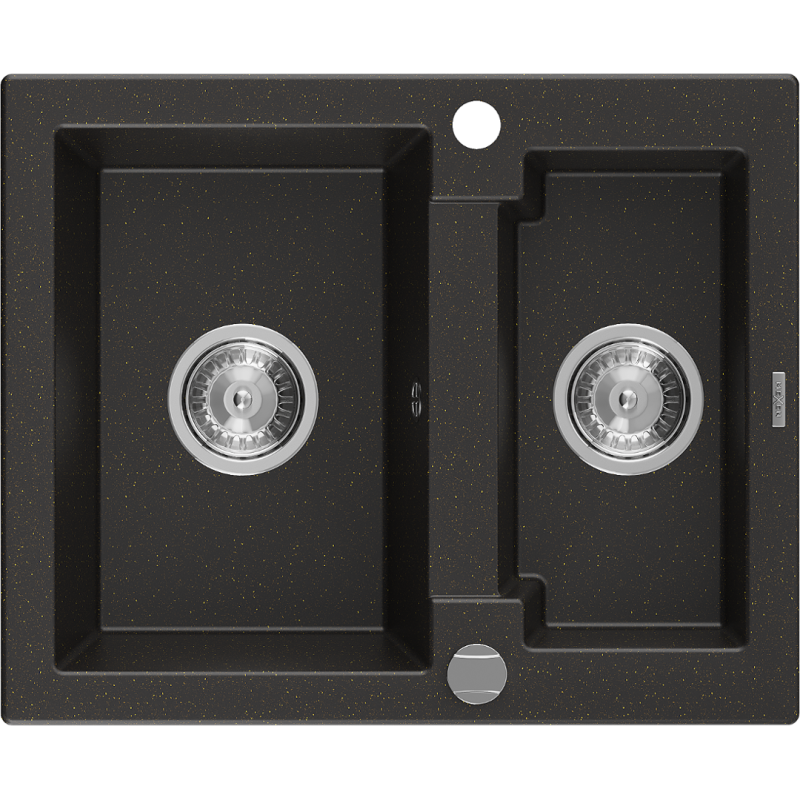 Mexen Carlos évier en granit 1,5 bac 582 x 475 mm, noir/or métallique, siphon chrome - 6518581500-75