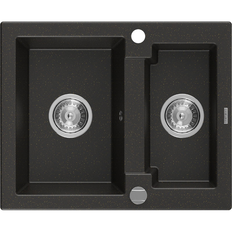 Mexen Carlos fregadero de granito 1,5 senos 582 x 475 mm, negro/dorado metálico, sifón cromado - 6518581500-75