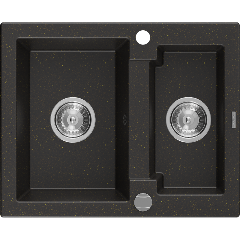 Mexen Carlos granitische spoelbak 1,5-compartiment 582 x 475 mm, zwart/goud metallic, chroom sifon - 6518581500-75