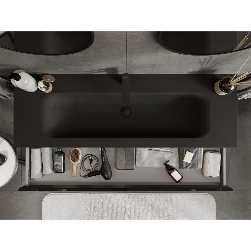 Mexen Orio armario de baño de 140 cm con lavabo Vela, 1 cajón, brillo negro/mate negro - 91A10-14023-1-BF70-W23M71