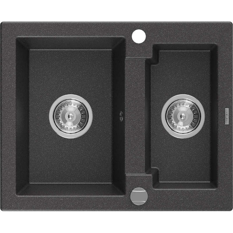 Mexen Carlos fregadero de granito de 1,5 cubetas 582 x 475 mm, negro moteado, sifón cromo - 6518581500-76