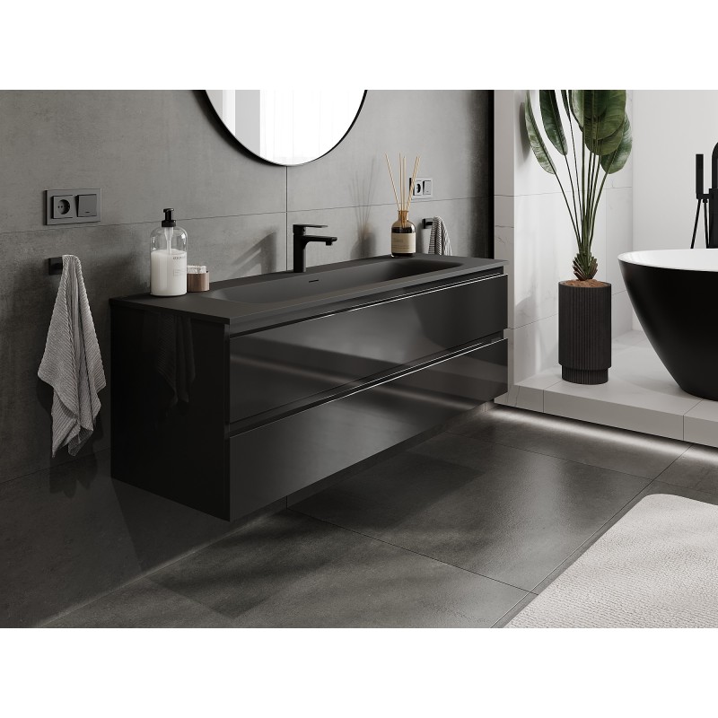 Mexen Orio armario de baño de 140 cm con lavabo Vela, 2 cajones, negro brillo/negro mate - 91A10-14047-2-BFF70-W23M71