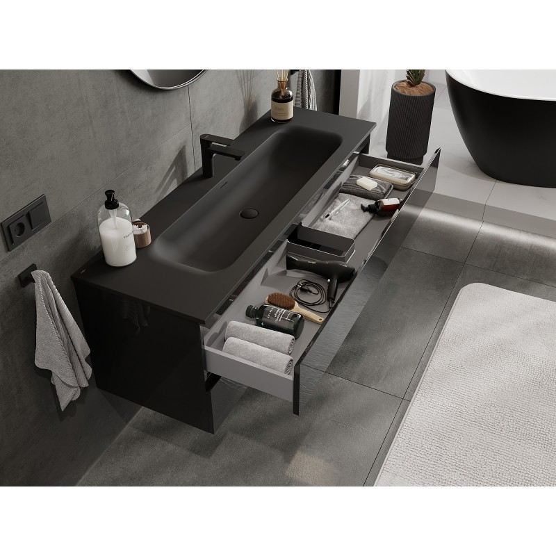 Mexen Orio armoire de salle de bain 140 cm avec lavabo Vela, 2 tiroirs, noir brillant/noir mat - 91A10-14047-2-BFF70-W23M71