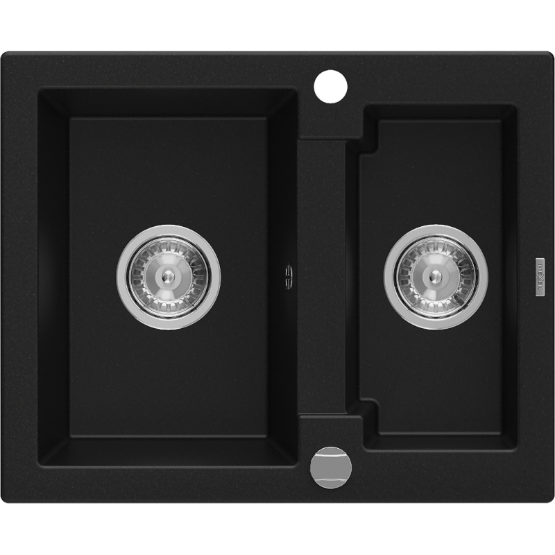 Mexen Carlos fregadero de granito de 1,5 senos 582 x 475 mm, negro, sifón cromo - 6518581500-77