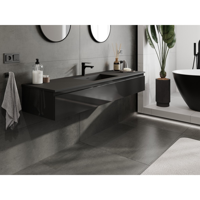 Mexen Orio armadietto da bagno 160 cm con lavabo Otis, 1 cassetto, nero lucido/nero opaco - 91A10-16023-1-BF70-W18M71