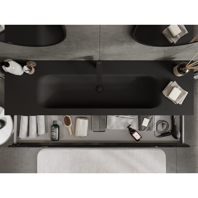 Mexen Orio badrumsskåp 160 cm med handfat Vela, 1 låda, svart högglans/svart matt - 91A10-16023-1-BF70-W23M71